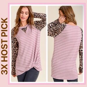 3XHP Brand NWT Gorgeous Pink & White Striped Leopard Front Twisted Hem Top- Sz S